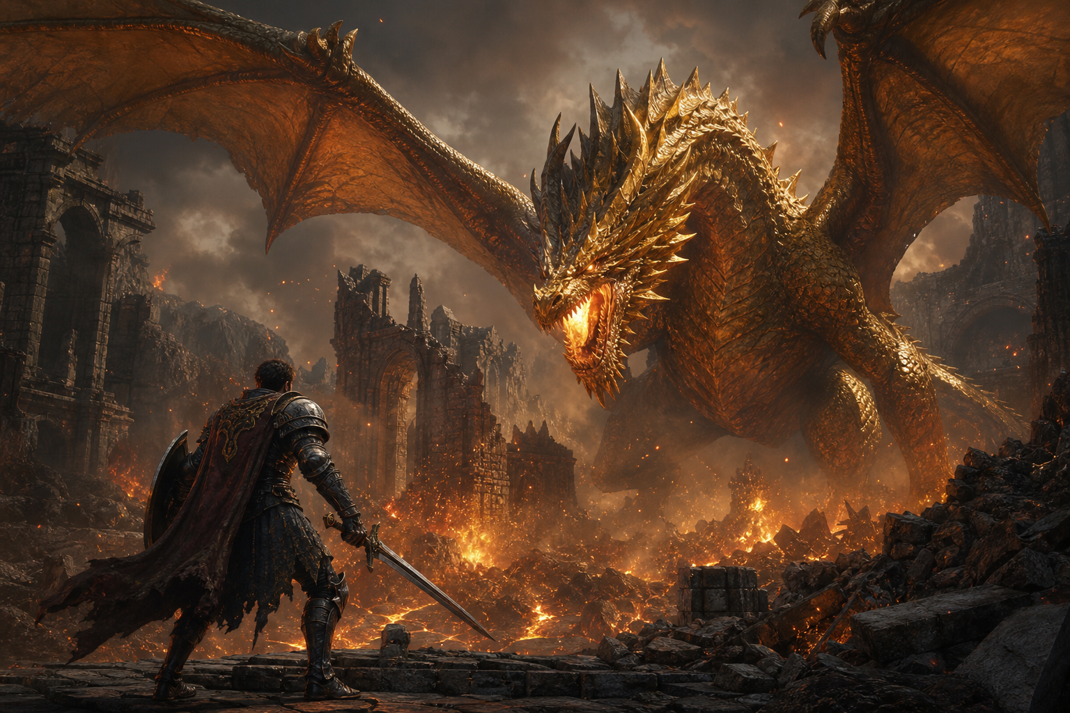 Warrior facing a dragon